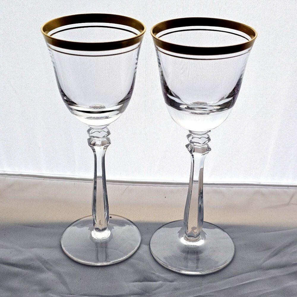 2 Mikasa Empire Gold Trim Cordial Glasses 5.5" lead crystal luxury 90s metallic